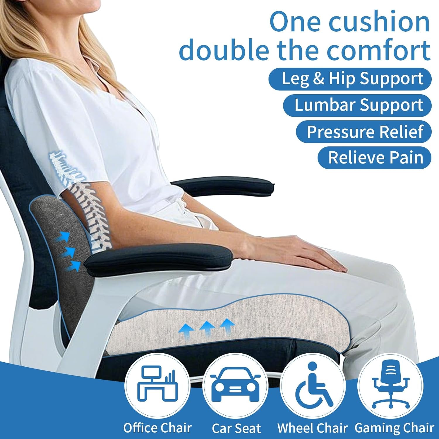 Memory Foam Seat Cushion,Office Chair Cushion with Lumbar Support for Back Pressure Relief, Car Seat Cushion with Adjustable Strap,Sciatica Pad Cushions for Car,Truck, Desk,Gaming Chair